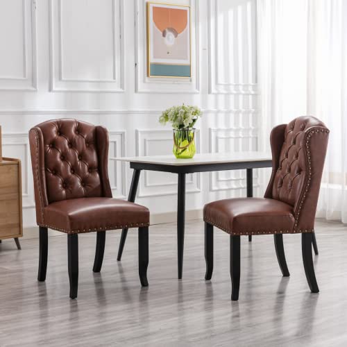LukeAlon Classic PU Leather Dining Chairs Set of 2, Upholstered Button Tufted Dining Room Side Chairs with Solid Wood Legs Elegant High Back Dinner Chair with Nailhead Trim for Home Kitchen, Brown