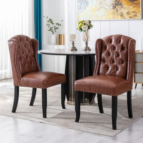 LukeAlon Classic PU Leather Dining Chairs Set of 2, Upholstered Button Tufted Dining Room Side Chairs with Solid Wood Legs Elegant High Back Dinner Chair with Nailhead Trim for Home Kitchen, Brown