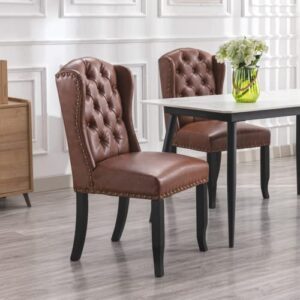 LukeAlon Classic PU Leather Dining Chairs Set of 2, Upholstered Button Tufted Dining Room Side Chairs with Solid Wood Legs Elegant High Back Dinner Chair with Nailhead Trim for Home Kitchen, Brown