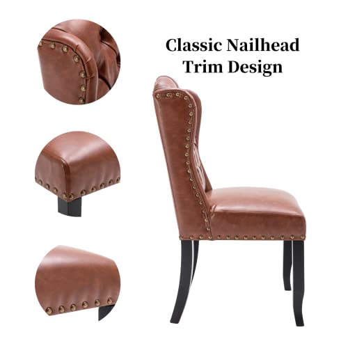 LukeAlon Classic PU Leather Dining Chairs Set of 2, Upholstered Button Tufted Dining Room Side Chairs with Solid Wood Legs Elegant High Back Dinner Chair with Nailhead Trim for Home Kitchen, Brown