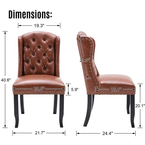 LukeAlon Classic PU Leather Dining Chairs Set of 2, Upholstered Button Tufted Dining Room Side Chairs with Solid Wood Legs Elegant High Back Dinner Chair with Nailhead Trim for Home Kitchen, Brown