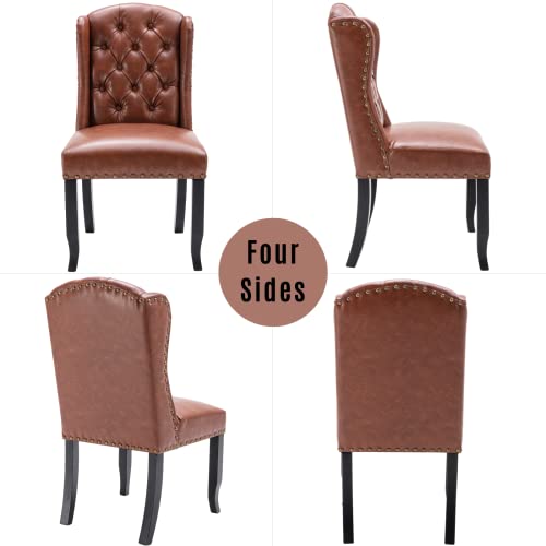 LukeAlon Classic PU Leather Dining Chairs Set of 2, Upholstered Button Tufted Dining Room Side Chairs with Solid Wood Legs Elegant High Back Dinner Chair with Nailhead Trim for Home Kitchen, Brown