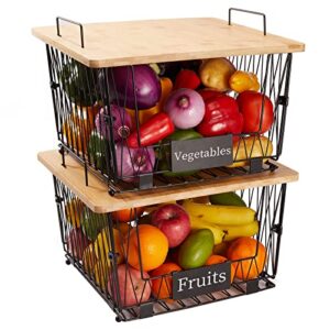 2 pack stackable wire storage baskets with wood lid- kitchen countertop organizer for fruit vegetable -large metal bin for pantry organization and storage, black
