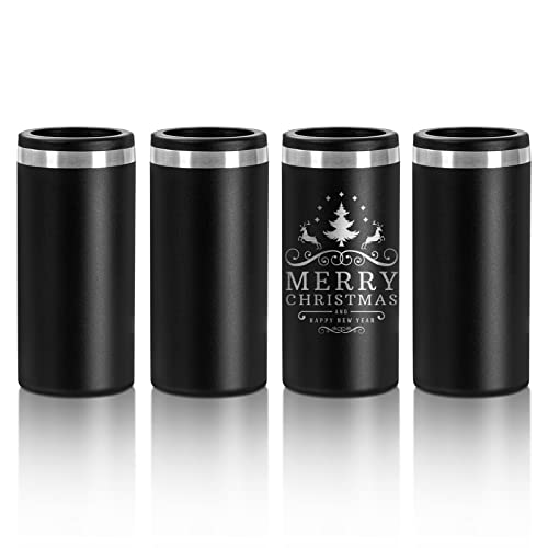 Craft Express Skinny Can Cooler Tumbler Bulk- Double Wall Vacuum Insulated Can Holder for 12 OZ Slim Beer Can - Engraved Stainless Steel Powder Coated Can Cooler Insulator for Xtool - Black 4 Pack