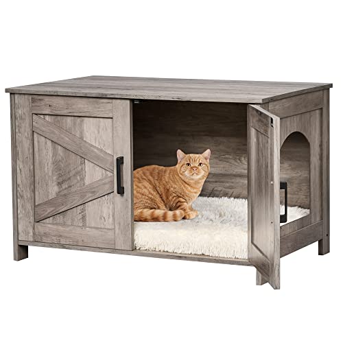 Homhedy Cat Litter Box Enclosure,Litter Box Furniture Hidden with Barn Door,Wooden Cat Washroom Furniture,Cat House,Fit Most of Litter Box, Greige