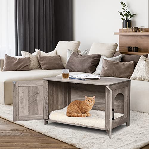 Homhedy Cat Litter Box Enclosure,Litter Box Furniture Hidden with Barn Door,Wooden Cat Washroom Furniture,Cat House,Fit Most of Litter Box, Greige