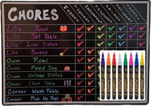 chore board | with 8 pack vibrant liquid chalk markers | 12x17 magnetic dry erase chore chart reward chart for kids and adults | chore chart for kids multiple kids