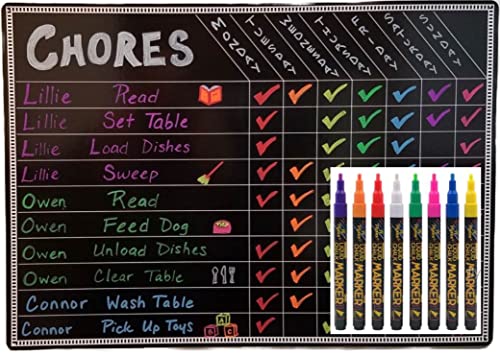 Chore Board | with 8 Pack Vibrant Liquid Chalk Markers | 12x17 Magnetic Dry Erase Chore Chart Reward Chart for Kids and Adults | Chore Chart for Kids Multiple Kids