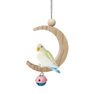 bird swing toy bird perch parrot cage hammock swing wooden moon shape perch stand rack bird chewing biting tearing climbing with stainless steel hanging chain  (b,small)