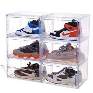 attelite large clear shoe box plastic stackable, shoe containers shoe storage organizer box with magnetic door, side open shoe box for display sneakers, easy assembly,6 pack