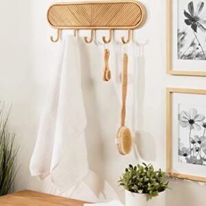 Kate and Laurel Tioga Boho Rattan Wall Mounted Coat Rack, 20 x 3 x 8, Natural Wood, Five Decorative Coat Hooks and Hat Rack with Trendy Rattan Wrapped Capsule Base for Boho Wall Decor