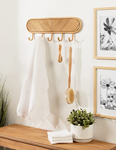 Kate and Laurel Tioga Boho Rattan Wall Mounted Coat Rack, 20 x 3 x 8, Natural Wood, Five Decorative Coat Hooks and Hat Rack with Trendy Rattan Wrapped Capsule Base for Boho Wall Decor