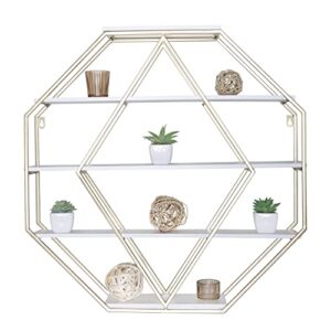 sheffield home decorative octagonal metal and wood floating shelf, gold and white