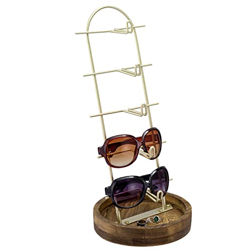 MyGift 5 Tier Modern Sunglasses Display Stand, Brass Metal Eyewear Organizer Rack with Burnt Wood Base Tray