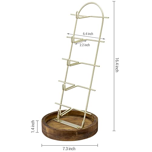 MyGift 5 Tier Modern Sunglasses Display Stand, Brass Metal Eyewear Organizer Rack with Burnt Wood Base Tray