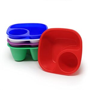 rolling sands reusable snack and dip bowls, 5 pack, usa made, dishwasher and microwave safe personal size plastic divider bowls, bpa-free, two compartments to hold dips, snacks and treats
