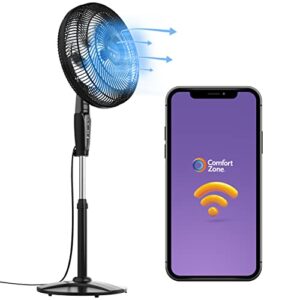 comfort zone 18" smart wifi 3-speed oscillating stand fan, wall-mountable, compatible with alexa, voice control, full-function timer, and tri-curve technology to reduce turbulence and noise, black