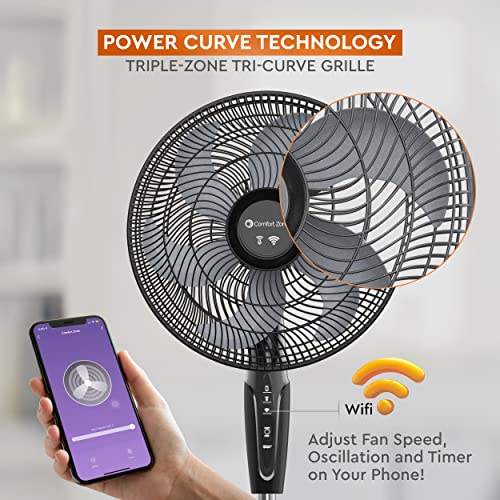 Comfort Zone 18" Smart WiFi 3-Speed Oscillating Stand Fan, Wall-Mountable, Compatible with Alexa, Voice Control, Full-Function Timer, and Tri-Curve Technology to Reduce Turbulence and Noise, Black