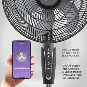 Comfort Zone 18" Smart WiFi 3-Speed Oscillating Stand Fan, Wall-Mountable, Compatible with Alexa, Voice Control, Full-Function Timer, and Tri-Curve Technology to Reduce Turbulence and Noise, Black