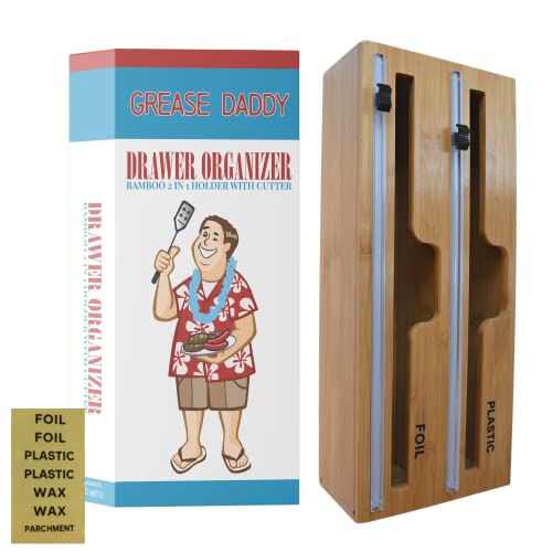 Tin foil and Plastic Wrap Organizer with Built-in Cutter, a 2-in-1 Bamboo Organizer for Kitchen, Pantry, RV, and Camper Compatible with 12-inch Rolls Labels Included.