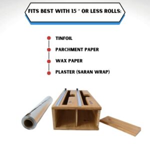 Tin foil and Plastic Wrap Organizer with Built-in Cutter, a 2-in-1 Bamboo Organizer for Kitchen, Pantry, RV, and Camper Compatible with 12-inch Rolls Labels Included.