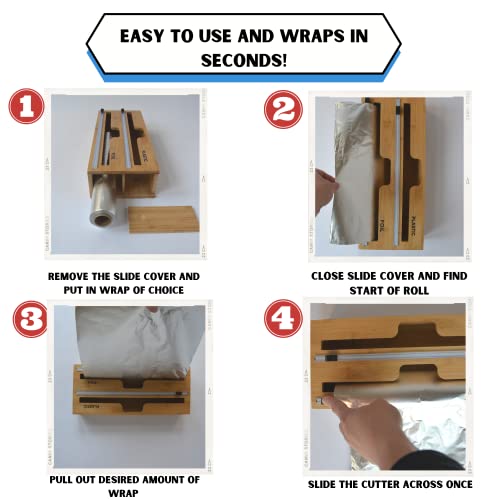 Tin foil and Plastic Wrap Organizer with Built-in Cutter, a 2-in-1 Bamboo Organizer for Kitchen, Pantry, RV, and Camper Compatible with 12-inch Rolls Labels Included.