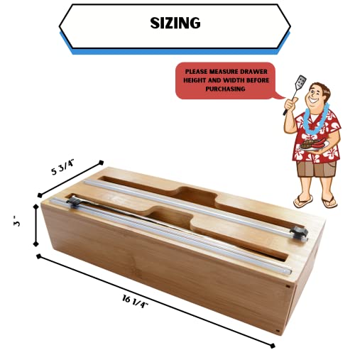 Tin foil and Plastic Wrap Organizer with Built-in Cutter, a 2-in-1 Bamboo Organizer for Kitchen, Pantry, RV, and Camper Compatible with 12-inch Rolls Labels Included.