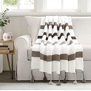 lush decor boho knitted braided tassel throw blanket, 60" x 50", neutral