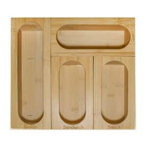 ziplock bag storage organizer - bamboo wood 4 piece plastic bag dispenser for kitchen drawer - for gallon, quart, sandwich and snack size ziplock bags – by kitchenclique