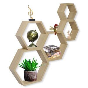 goizxol hexagon floating shelves wall mounted farmhouse wood storage honeycomb wall shelf set of 5 hexagonal shelves wall home decor hexagon shelves for living room bedroom office (wood grain color)