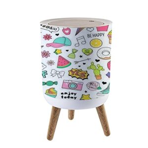 lgcznwdfhtz small trash can with lid for bathroom kitchen office diaper cute funny doodles seamless white teenage girls bedroom garbage bin dog proof waste basket decorative, 8.66x14.3inch