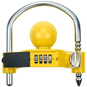 zungoumc trailer lock,trailer hitch locks universal adjustable storage security heavy duty trailer coupler lock， for rvs and various travel trailers yellow with combination lock