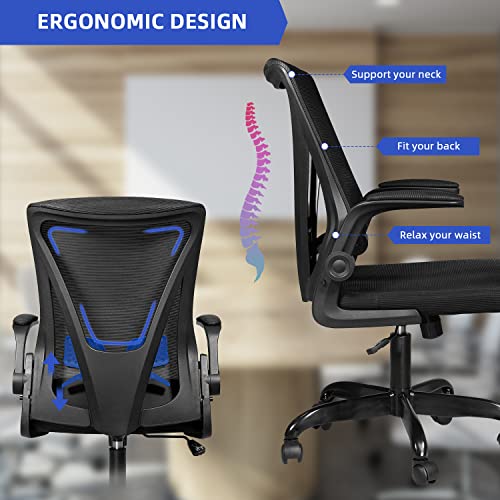 MUZII Ergonomic Office Chair, Computer Desk Chair Swivel Task Chair with Flip-up Arms and Adjustable Lumbar Support, Black