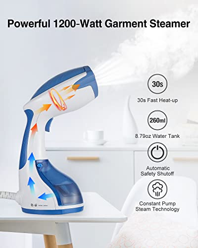 Steamer for Clothes, 1200 Watts Portable Handheld Garment Fabric Wrinkles Remover, Auto-Off, 30-Second Fast Heat-up, 260ml Large Detachable Water Tank