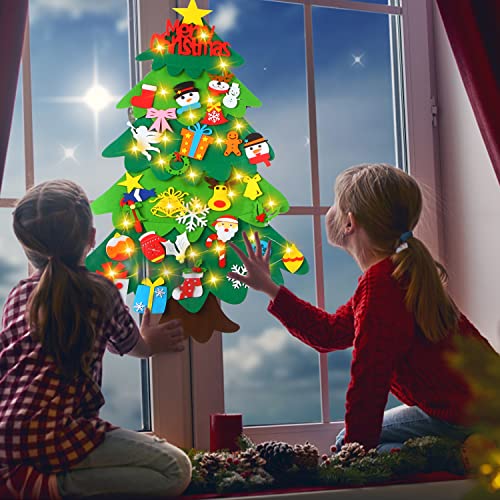 KIMOBER Lighted Felt Christmas Tree,Prelit DIY Christmas Tree with 40Pcs Detachable Ornaments Wall Hanging Decor for Xmas Party