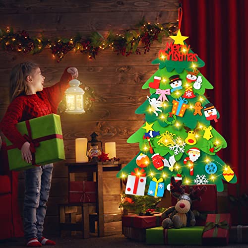 KIMOBER Lighted Felt Christmas Tree,Prelit DIY Christmas Tree with 40Pcs Detachable Ornaments Wall Hanging Decor for Xmas Party