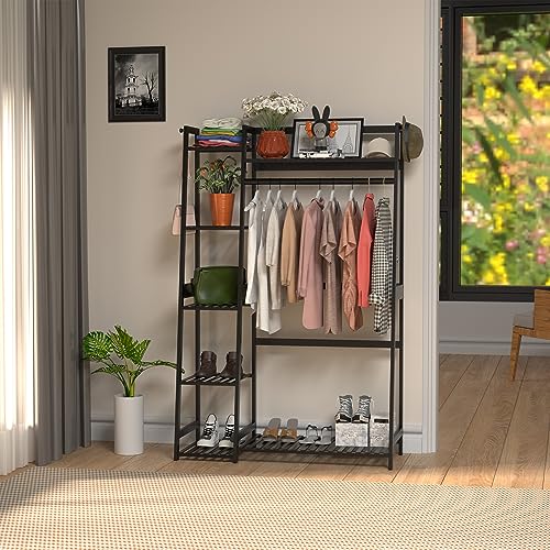 WTZ Clothes Rack, Bamboo Garment Rack with Shelves, Clothing Rack for Hanging Clothes, Freestanding Closet Organizer for Living Room Bedroom Entryway Bathroom Office, CR-538 Black