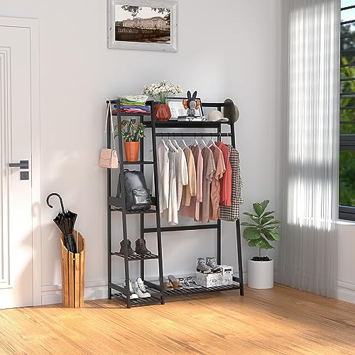 WTZ Clothes Rack, Bamboo Garment Rack with Shelves, Clothing Rack for Hanging Clothes, Freestanding Closet Organizer for Living Room Bedroom Entryway Bathroom Office, CR-538 Black