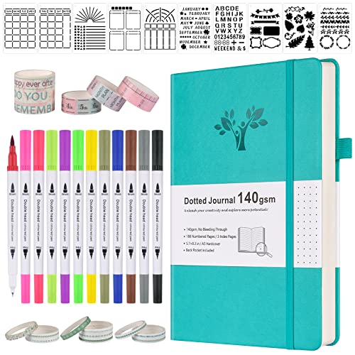 OFFIGIFT Bullet Dotted Journal Kit, 140gsm Hardcover A5 Dotted Journal with 188 Numbered Pages and 3 Index, 12 Brush Pens Dual Tip, 10 Stencils and 14 Washi Tape for Women Men Teen Girls, Teal