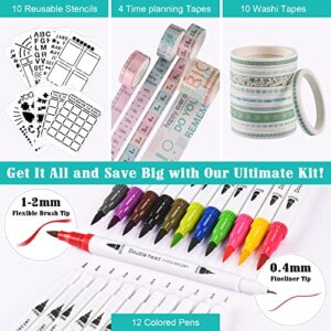 OFFIGIFT Bullet Dotted Journal Kit, 140gsm Hardcover A5 Dotted Journal with 188 Numbered Pages and 3 Index, 12 Brush Pens Dual Tip, 10 Stencils and 14 Washi Tape for Women Men Teen Girls, Teal