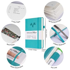 OFFIGIFT Bullet Dotted Journal Kit, 140gsm Hardcover A5 Dotted Journal with 188 Numbered Pages and 3 Index, 12 Brush Pens Dual Tip, 10 Stencils and 14 Washi Tape for Women Men Teen Girls, Teal