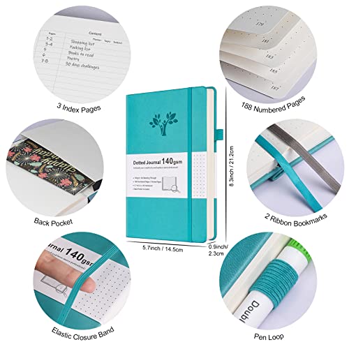 OFFIGIFT Bullet Dotted Journal Kit, 140gsm Hardcover A5 Dotted Journal with 188 Numbered Pages and 3 Index, 12 Brush Pens Dual Tip, 10 Stencils and 14 Washi Tape for Women Men Teen Girls, Teal