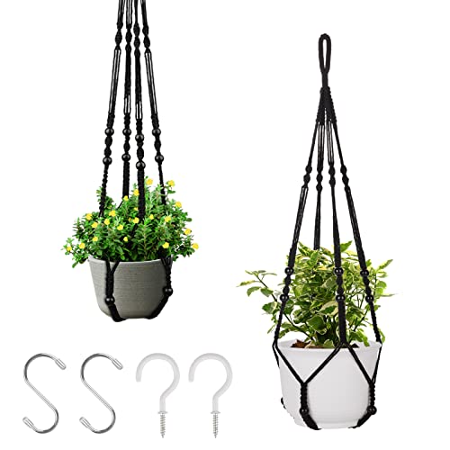 RIFNY 29 Inch Macrame Plant Hanger Indoor, Small Hanging Planter Basket Woven Boho Rope Hanger Kits with Metal S Hooks for Up to 8 Inch Plant Pots Indoor Outdoor Home Decro No Tassels (2PACK-Black)