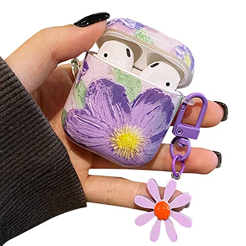 Lovmooful AirPods Case for Airpods 2 & 1, Cute Oil Painting Flower Pattern with Flower Keychain Design Cover for Women Girls Shockproof Protective TPU AirPods 1&2 Charging Case - Purple2