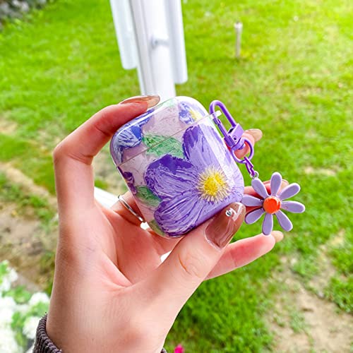 Lovmooful AirPods Case for Airpods 2 & 1, Cute Oil Painting Flower Pattern with Flower Keychain Design Cover for Women Girls Shockproof Protective TPU AirPods 1&2 Charging Case - Purple2