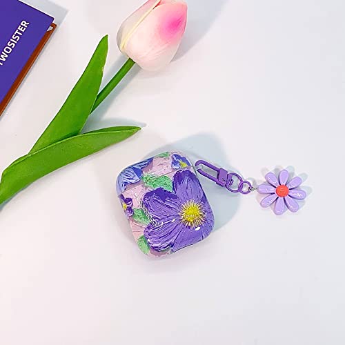 Lovmooful AirPods Case for Airpods 2 & 1, Cute Oil Painting Flower Pattern with Flower Keychain Design Cover for Women Girls Shockproof Protective TPU AirPods 1&2 Charging Case - Purple2