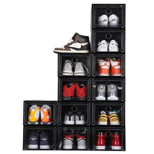mukiran home 12 pack shoe storage boxes, shoe box clear plastic stackable, drawer type front opening shoe holder containers (black)