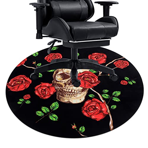 HiiARug Skull and Roses Area Rug 4Ft Round Rug Anti-Slip Floor Protector Round Gaming Computer Chair Mat for Home Decorations Office Gaming Room Mat