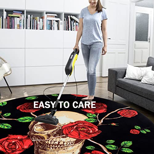 HiiARug Skull and Roses Area Rug 4Ft Round Rug Anti-Slip Floor Protector Round Gaming Computer Chair Mat for Home Decorations Office Gaming Room Mat