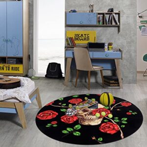 HiiARug Skull and Roses Area Rug 4Ft Round Rug Anti-Slip Floor Protector Round Gaming Computer Chair Mat for Home Decorations Office Gaming Room Mat